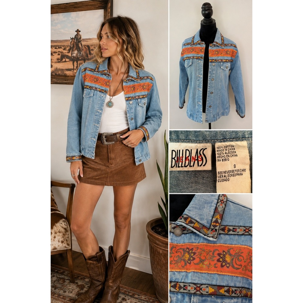 Bill Blass Jeans Womens Small Light Wash Denim Jacket Embroidered Tapestry Trim
